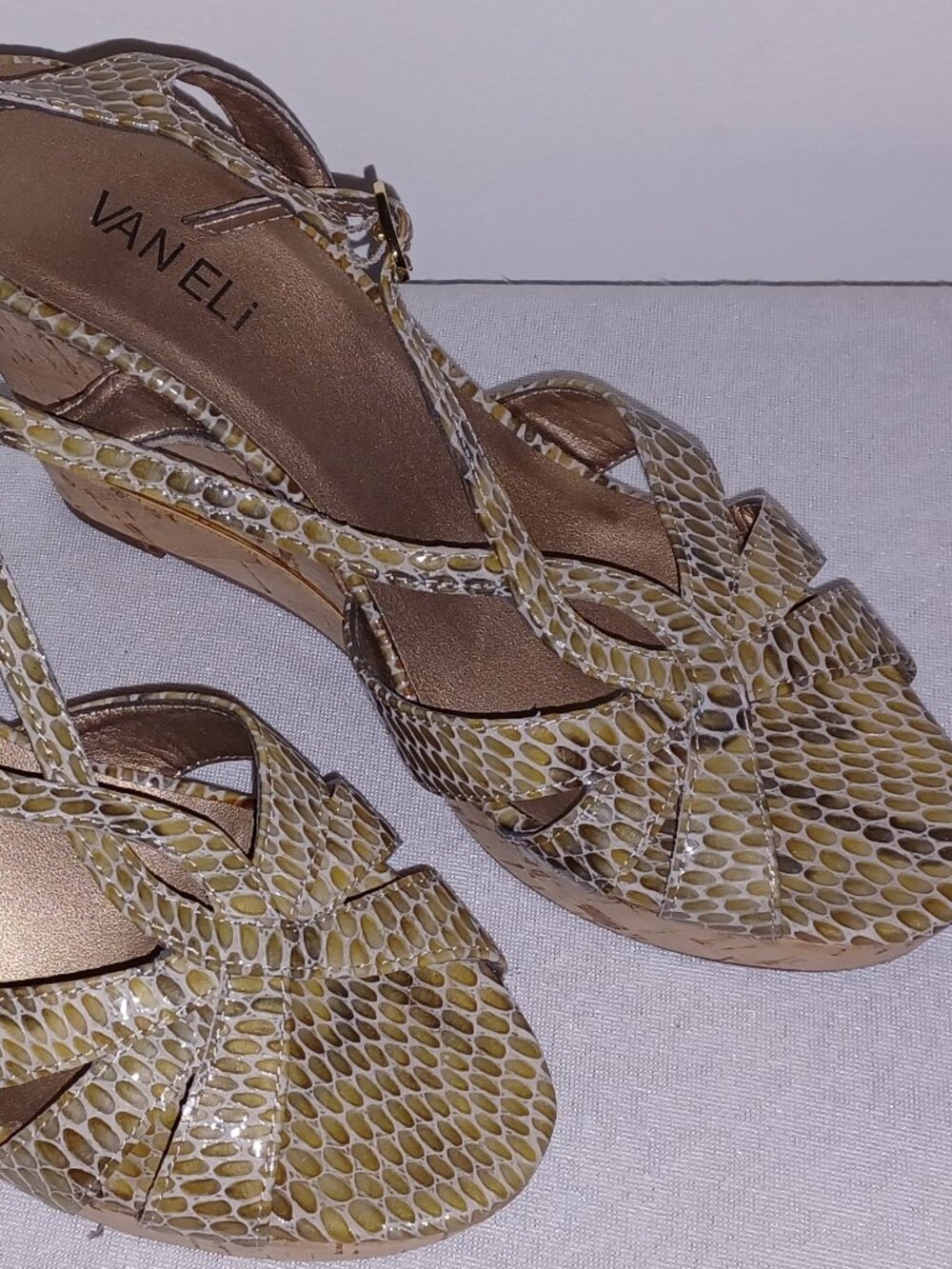 Van Eli Snakeskin Leather/Cork heel Sandals